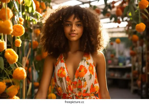Portrait of a beautiful young woman with curly hair standing in a greenhouse