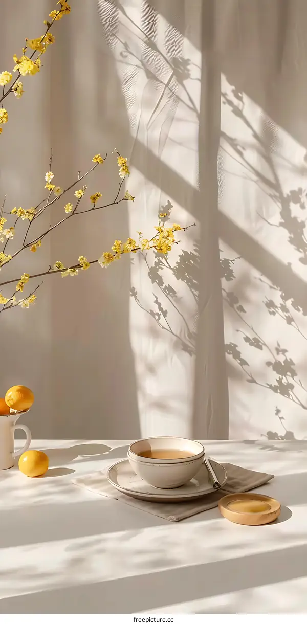Minimalist Tea Cup with Flowers and Sunbeams