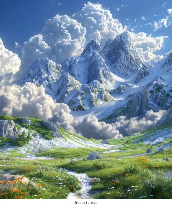 Stunning Snowy Mountain Landscape with Lush Green Valley