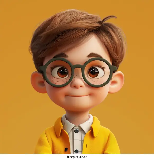 Smiling Cartoon Boy Wearing Yellow Jacket and Glasses