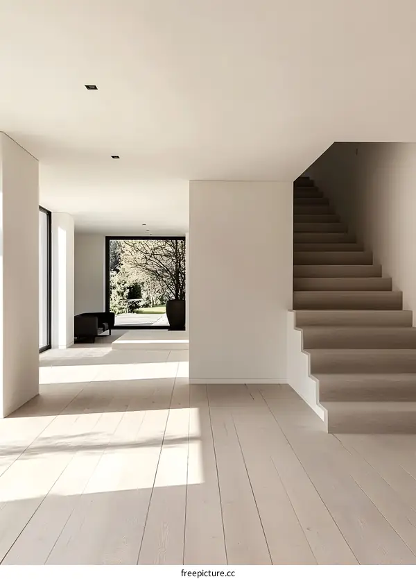 Modern Minimalist Home Interior With Wooden Stairs And Large Windows