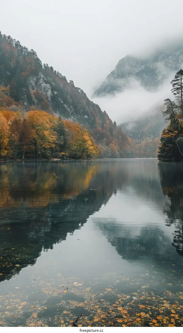 Mountains and lake in the fog