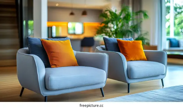 Modern Living Room Armchairs with Orange and Blue Cushions
