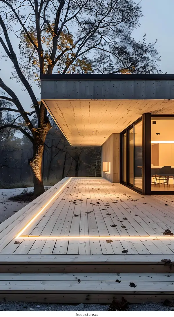 Modern Minimalist House with Wooden Deck and Lighting