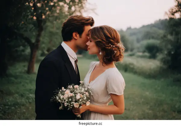 Couple Kissing in a Romantic Outdoor Wedding Setting