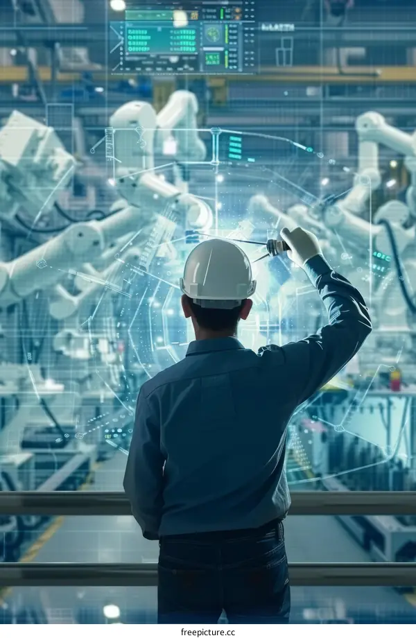 Engineer wearing hardhat using augmented reality interface to monitor and control automated robotic assembly line in smart factory