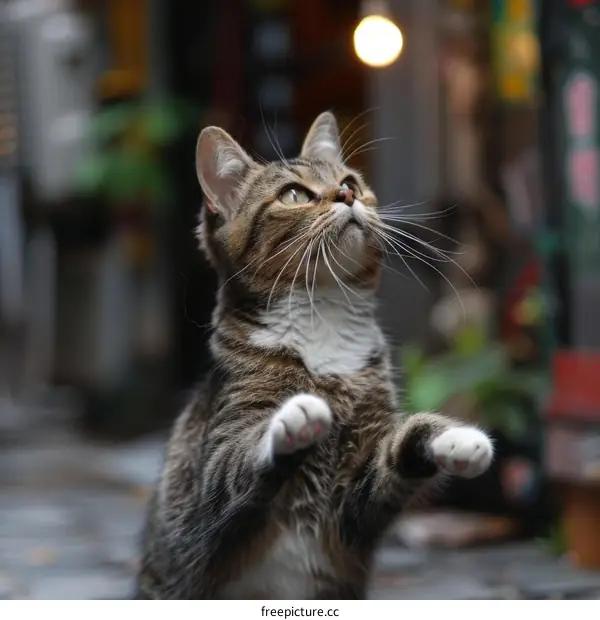 A cat looking up at a light