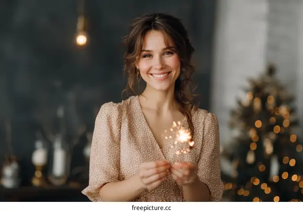 Woman Holding Sparkler in Christmas Setting