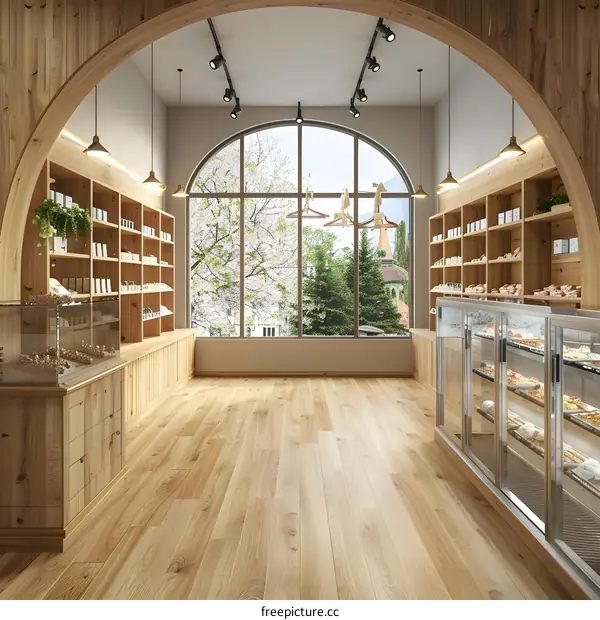 Empty Bakery Shop Interior Design with Wooden Walls and Shelving