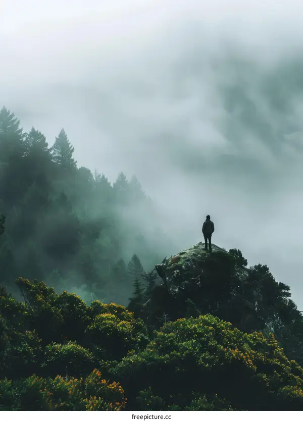 Man standing on a rock in the middle of a foggy forest