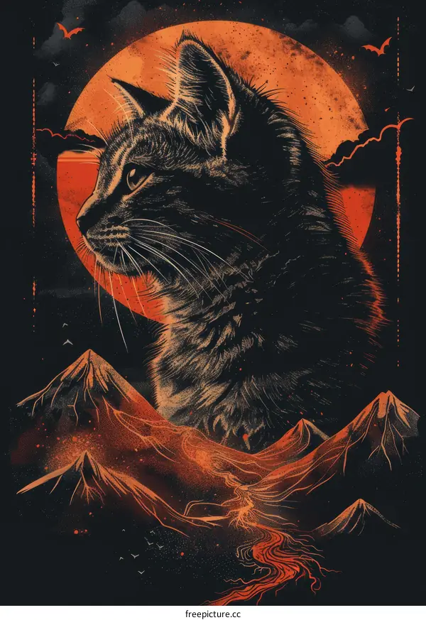 Black cat with red moon and mountains in the background