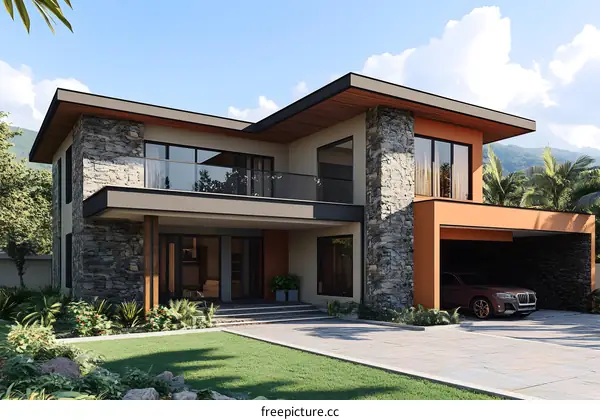 Modern Luxury House with Stone Facade and Balcony