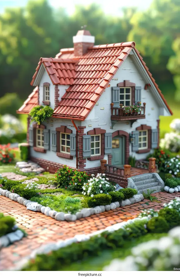 Small European style cottage house with flowers and garden