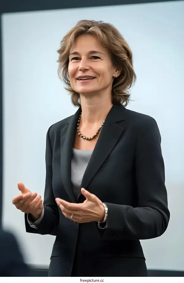 Smiling Woman Giving a Presentation in a Business Meeting