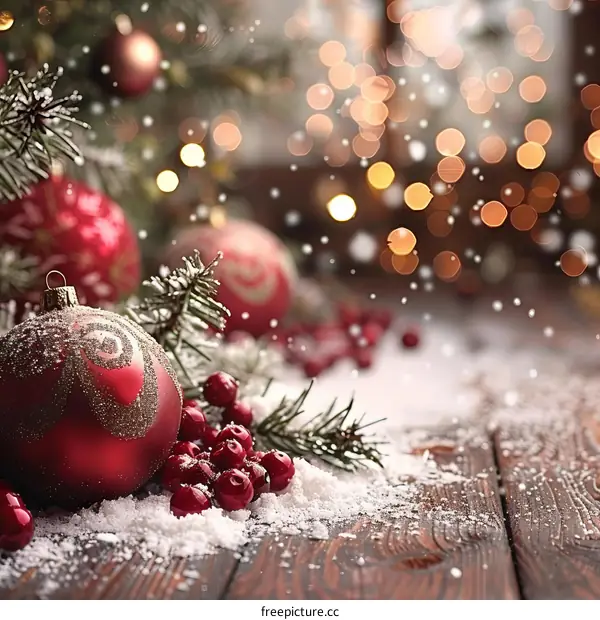 Red and Gold Christmas Ornaments with Snow and Pine