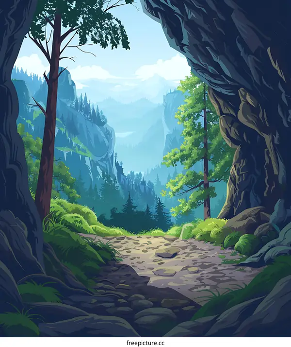 Mountain View Through Cave Entrance