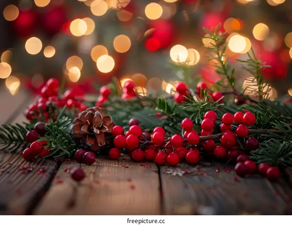 Christmas Berries and Pinecones on Wood Table Decoration