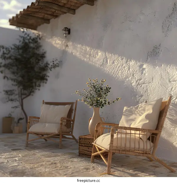 Minimalist Patio with Wicker Chairs and Flowers