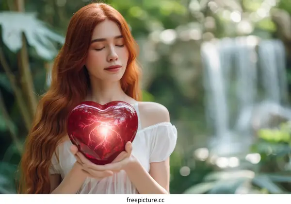Redhead Woman in Jungle with Glowing Heart