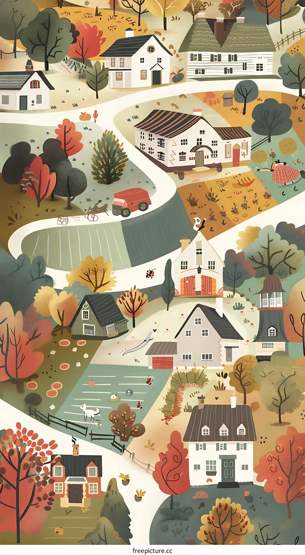 Autumn Village Landscape Illustration