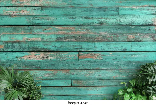 Vintage Teal Wooden Plank Background with Greenery