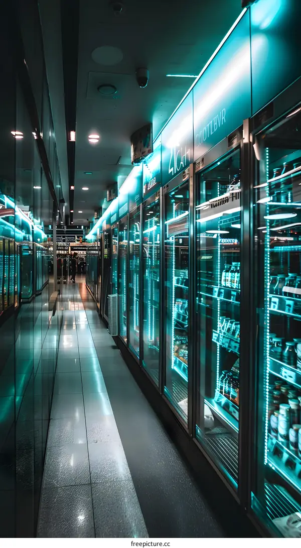 Refrigerator Aisle In Grocery Store With Blue Lights