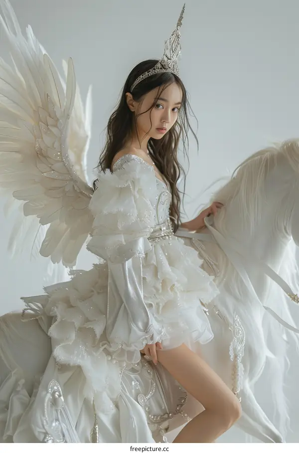 An Asian girl with angel wings is riding a white horse