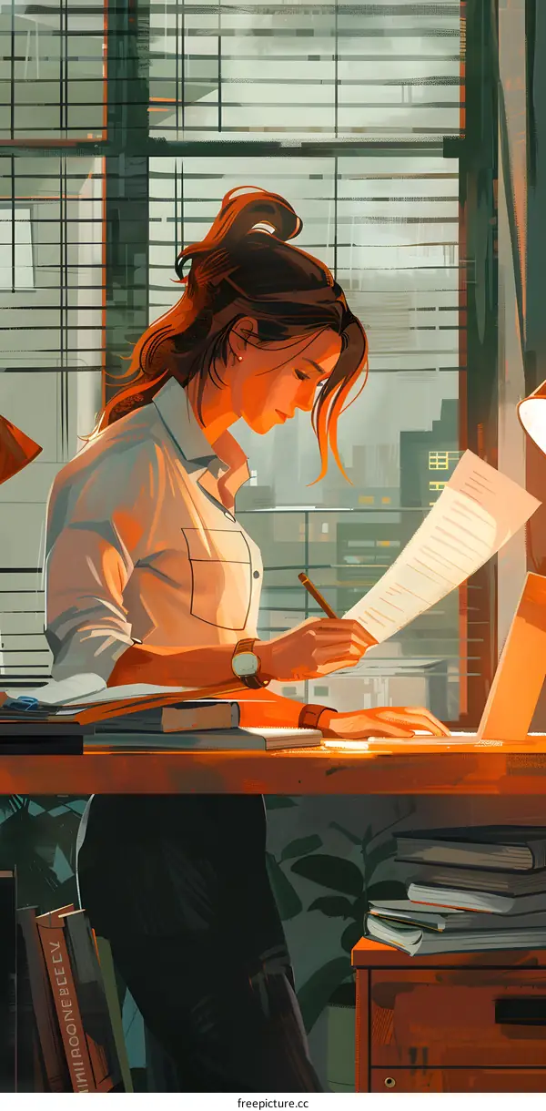 A woman is sitting at a desk and writing something while looking at a document.