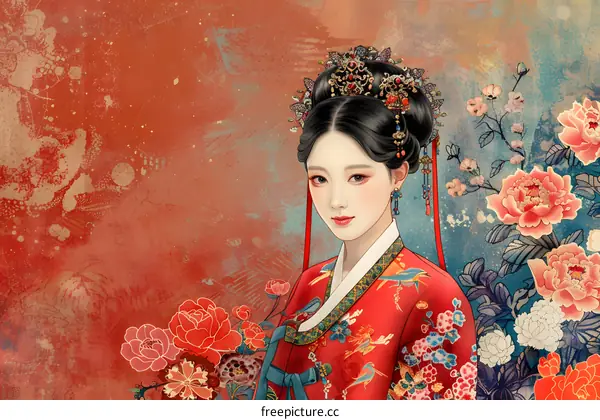 A beautiful painting of a Chinese woman in traditional dress