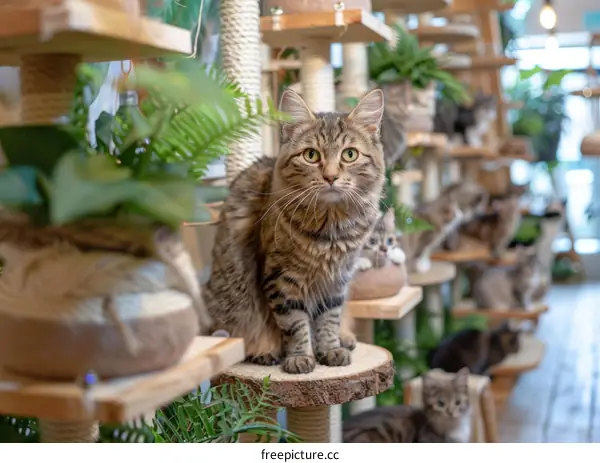 Tabby Cat Sitting on Wooden Shelf with Other Cats