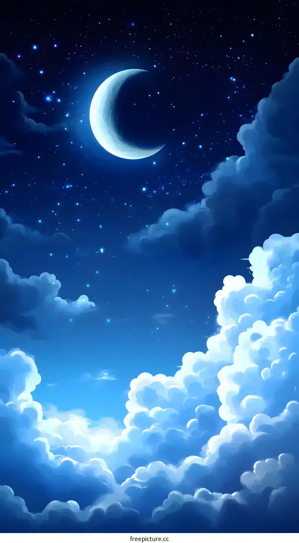 Night Sky With Crescent Moon and Stars