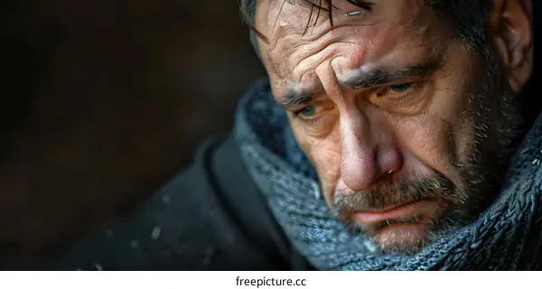 A man looks into the distance with a melancholic expression on his face