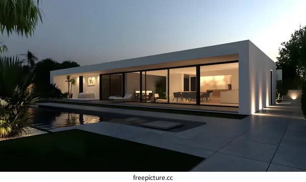 Modern House with Pool and Garden at Dusk