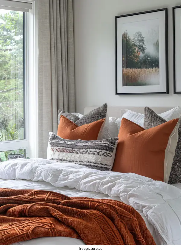 Cozy Bedroom with Burnt Orange Bedding and Forest Wall Art