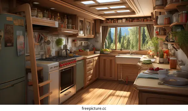 Cozy mountain cabin kitchen interior with a view of the forest