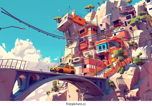 Colorful Cityscape on a Mountain Cliff with a Bridge