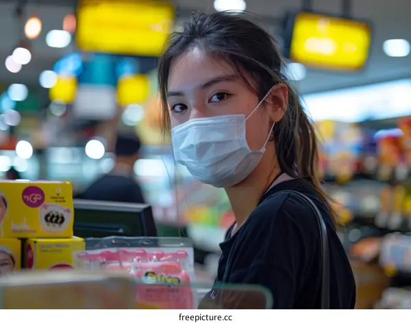 Young woman wearing a surgical mask in a supermarket