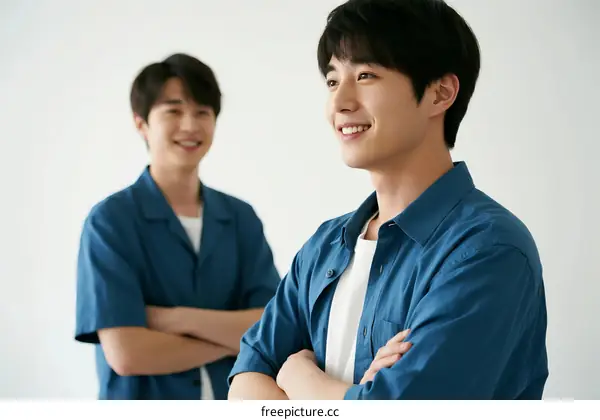 Two young men in blue shirts with arms crossed smiling