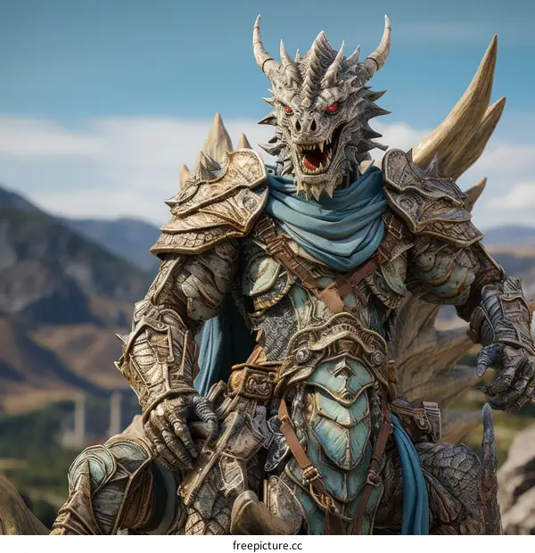 A dragonborn warrior in full armor is sitting on a rock, looking out over a mountainous landscape.