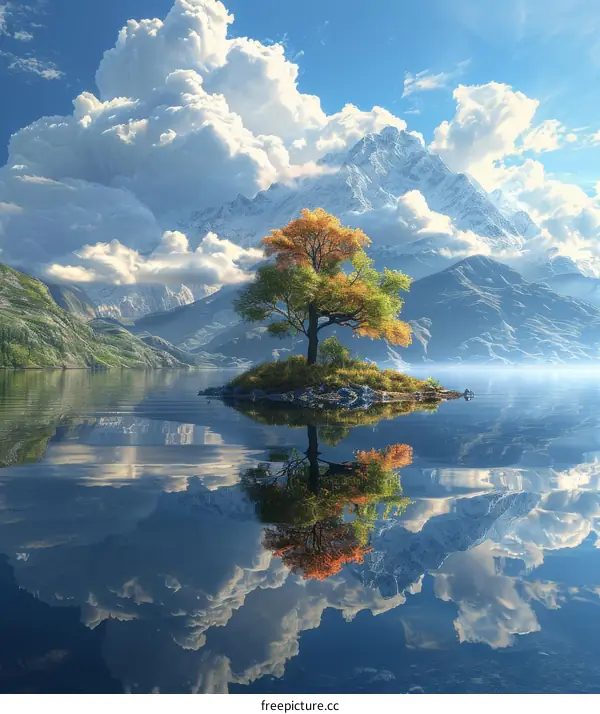 Serene Mountain Lake Scenery with Autumn Tree Reflection