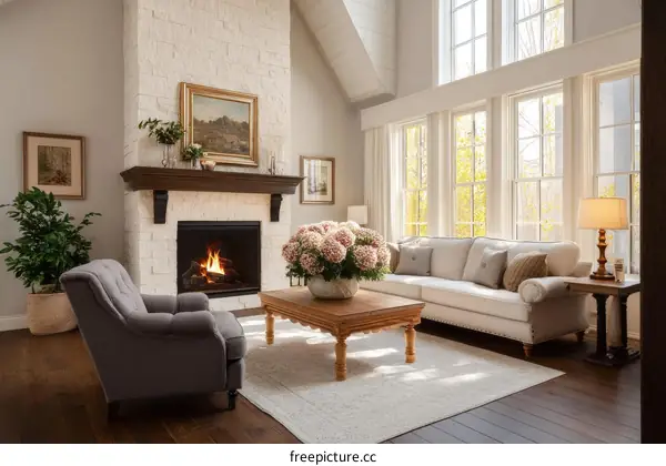 Cozy Living Room with Fireplace and Large Windows