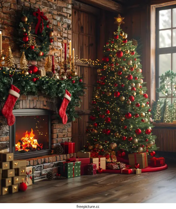 Cozy Christmas Fireplace with Decorated Tree