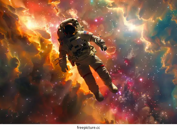 Astronaut Floating in Multicolored Nebula