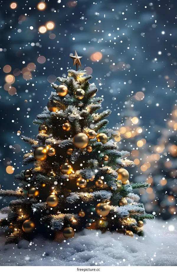 A beautiful Christmas tree decorated with golden balls and a star on top stands in the snow against a dark blue background with falling snow.