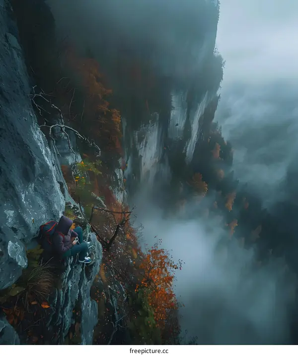 Lonely Hiker Sitting On Cliff Edge Above Foggy Forest
