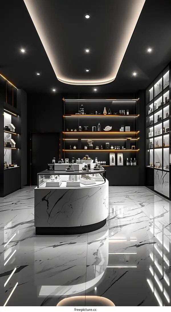 Modern Minimalist Black and White Cosmetic Store Design with Marble Floor