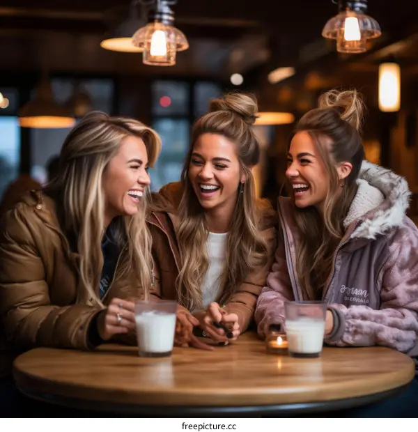 Three young women laughing and talking in a restaurant