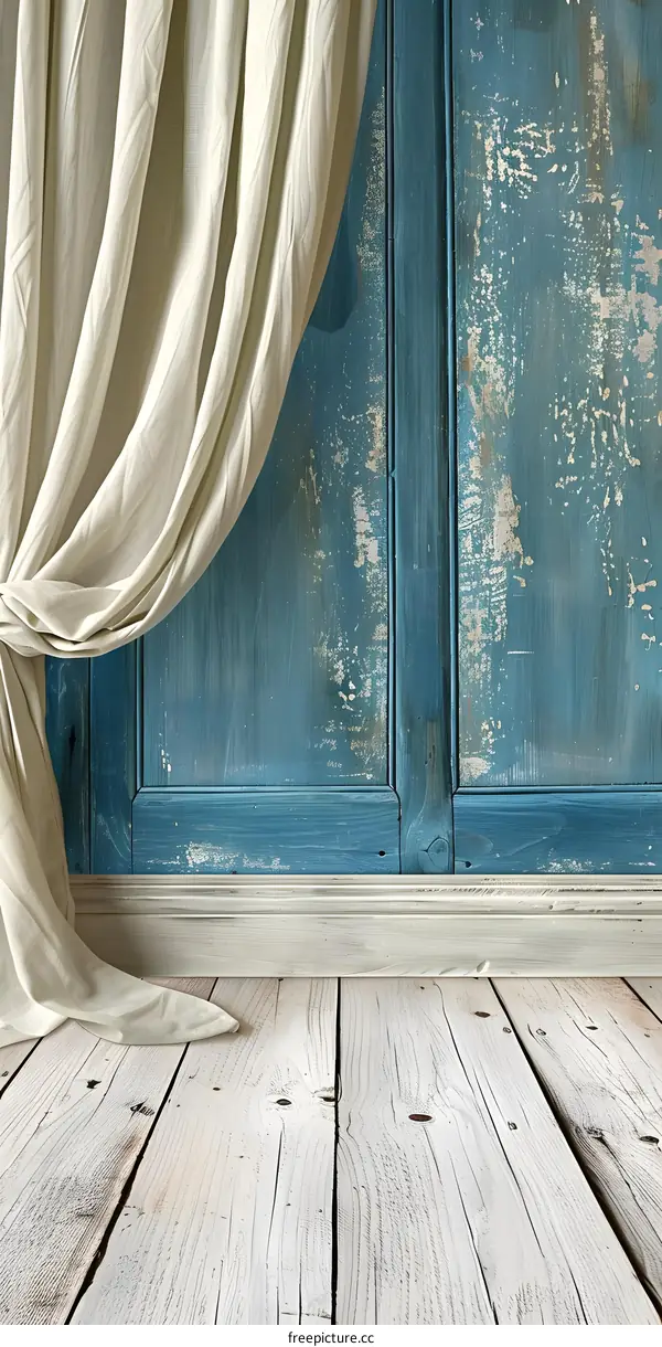 White Wooden Floor With Blue Wall And White Curtain