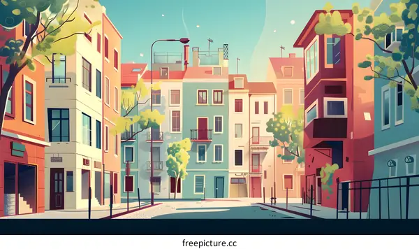 Colorful Illustration of a European Street with Buildings and Trees