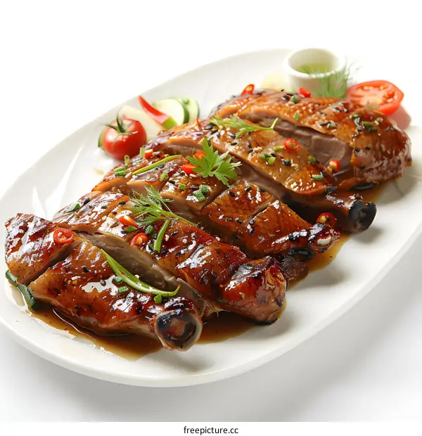 Roasted Duck with Vegetables on White Plate